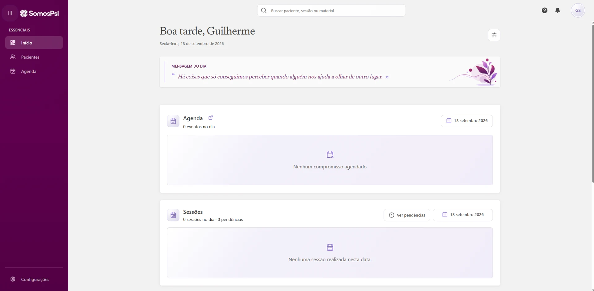 Início do Somos Psi com navegação vinho, visão da agenda e resumo das sessões do dia.